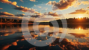 Sunset over water, nature reflection in tranquil pond generated by AI