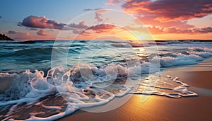 Sunset over water, nature wave of summer, dusk tranquil scene generated by AI
