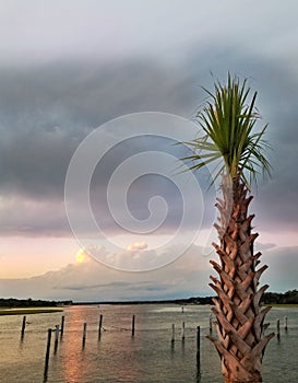 Sunset over the water on Oak Island North Carolina