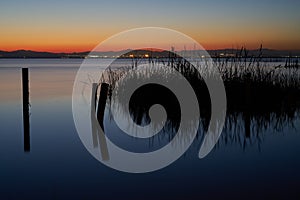 Sunset over a water pond