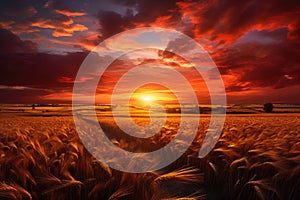 Sunset over wheat field. Dramatic sky. Beauty world, sunset over the field, AI Generated