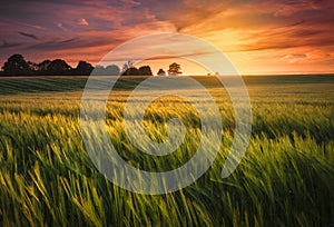 Atardecer a través de trigo campo 