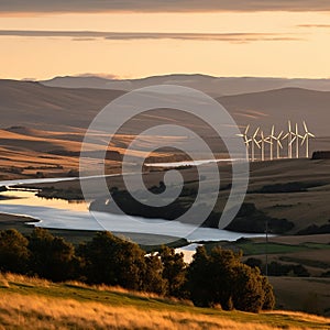 Sunset over Wind Farm on Hill with River Flowing in Foreground