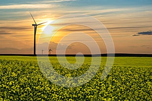 Sunset over wind turbines on the prairies in Saskatchewan, Canada