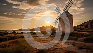 Sunset over windmill, nature beauty in architecture, rural romance generated by AI