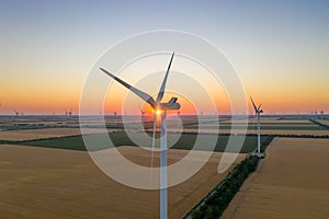 Sunset over the windmills. Wind turbines over fields of wheat and sunflowers