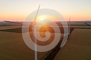 Sunset over the windmills. Wind turbines over fields of wheat and sunflowers