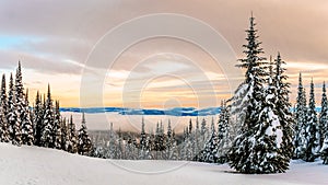 Sunset over the Winter Landscape with Snow Covered Trees on the Ski Hills
