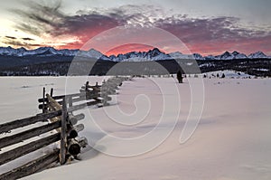 Sunset over a winter mountain sceen in Idaho