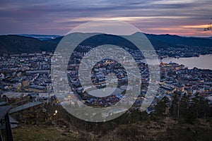 Sunset over the wonderful city Bergen in Norway