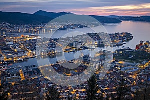 Sunset over the wonderful city Bergen in Norway