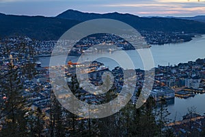 Sunset over the wonderful city Bergen in Norway