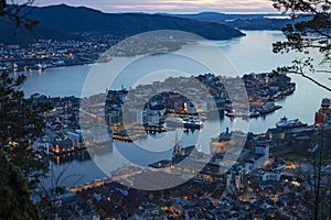 Sunset over the wonderful city Bergen in Norway