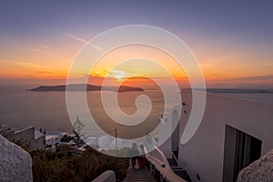 Sunset overlooking the caldera and the sea in Santorini