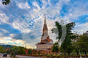 Sunset on pagoda of Chalong temple.Wat Chalong is the largest and most revered in Phuket.