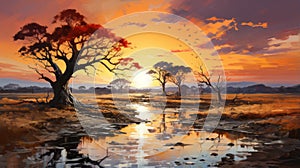 Sunset Painting Photo Wallpaper Landscape In The Style Of Noah Bradley