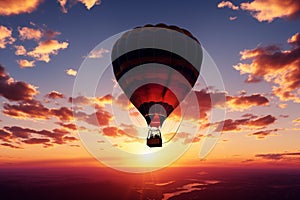 Sunset paints the sky, creating a beautiful silhouette of a hot air balloon