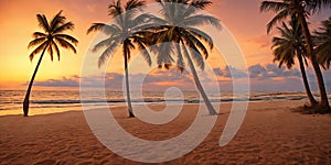 A sunset paints the sky in hues of orange pink over a tranquil beach with a palm tree swaying gently. Generative AI.