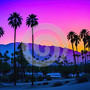 Sunset in Palm Springs with a Matte Violet Color Grading Background of palm trees and Location Coachella Valley in