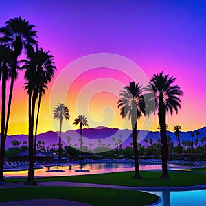 Sunset in Palm Springs with a Matte Violet Color Grading Background of palm trees and Location Coachella Valley in