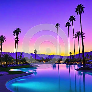 Sunset in Palm Springs with a Matte Violet Color Grading Background of palm trees and Location Coachella Valley in