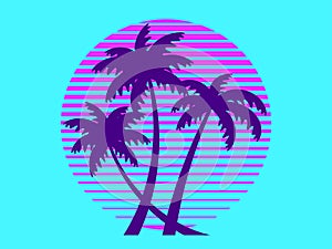 Sunset with palm trees in 80s style. Summer party. Retro futuristic sun with outline palm trees in synthwave style