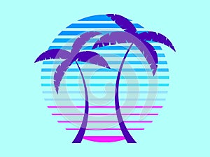 Sunset with palm trees in 80s style. Summer party. Retro futuristic sun with outline palm trees in synthwave style. Design for
