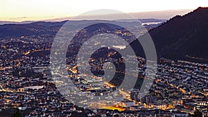 Sunset Panorama of Bergen city from Floyen viewpoint in Norway in autumn