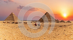 Sunset panorama of the Great Pyramids of Giza, Egypt