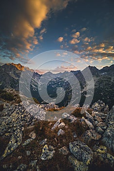 Sunset panorama in High Tatras mountains national park. Mountain popradske lake in Slovakia.