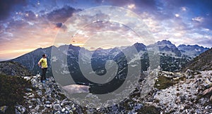 Sunset panorama in High Tatras mountains national park. Mountain popradske lake in Slovakia. Panorama.