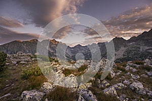 Sunset panorama in High Tatras mountains national park. Mountain popradske lake in Slovakia.