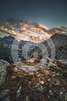 Sunset panorama in High Tatras mountains national park. Mountain popradske lake in Slovakia.