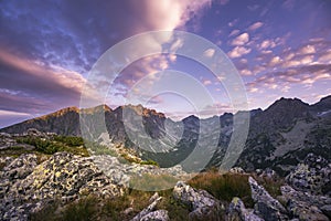 Sunset panorama in High Tatras mountains national park. Mountain popradske lake in Slovakia.