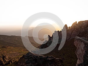 Sunset panorama of Marcahuasi andes plateau rock formation mountain hill valley nature landscape Lima Peru South America