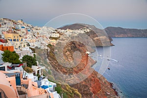 Sunset panorama of Oia at Santorini island, Greece