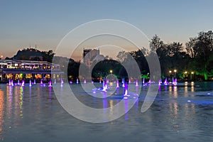 Sunset Panorama of Singing Fountains in City of Plovdiv, Bulgaria