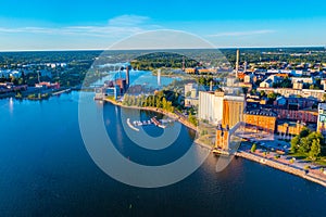 Sunset panorama view of industrial part of Finnish town Vaasa