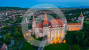 Sunset panorama view of the Korvin castle in Hunedoara, Romania