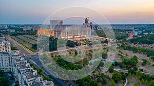 Sunset panorama view of the Romanian parliament in Bucharest