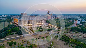 Sunset panorama view of the Romanian parliament in Bucharest