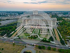 Sunset panorama view of the Romanian parliament in Bucharest