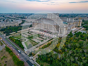 Sunset panorama view of the Romanian parliament in Bucharest