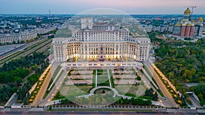 Sunset panorama view of the Romanian parliament in Bucharest