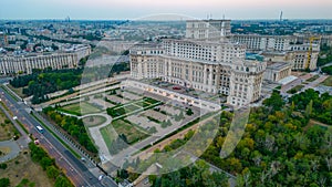 Sunset panorama view of the Romanian parliament in Bucharest