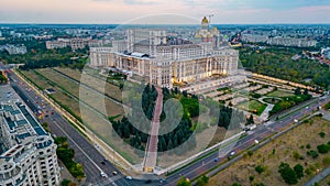 Sunset panorama view of the Romanian parliament in Bucharest