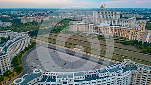 Sunset panorama view of the Romanian parliament in Bucharest