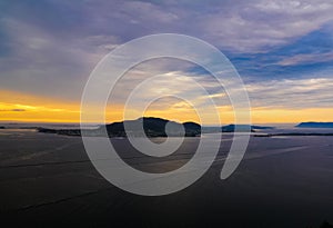 Sunset panorama view to Alesund from Fjellstua viewpoint, Norway