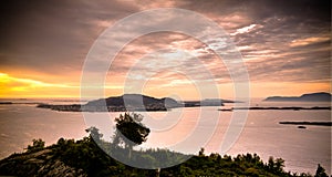 Sunset panorama view to Alesund from Fjellstua viewpoint, Norway