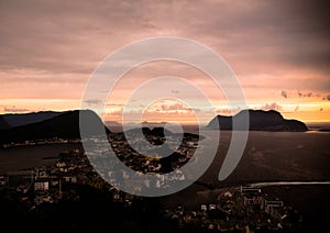 Sunset panorama view to Alesund from Fjellstua viewpoint, Norway